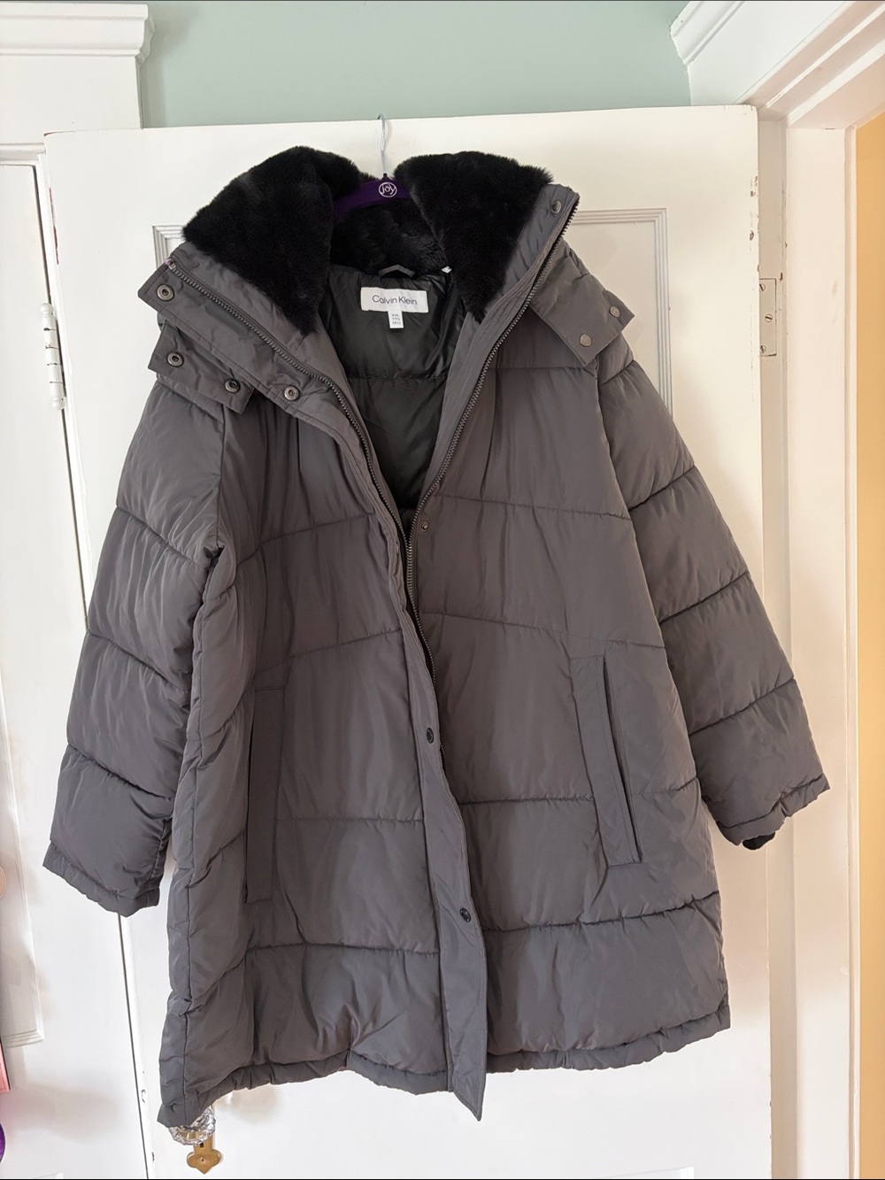 Calvin Klein Women's Charcoal Gray Long Puffer Coat with Faux Fur Hood